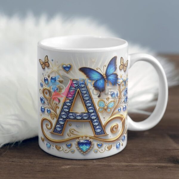 Decorative Monogram Letter A Coffee Mug, White Ceramic, Blue Butterfly Design, Diamond Pattern