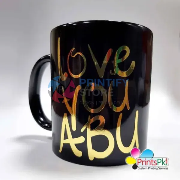 Golden Text Print on Black Mug with Gold Printing